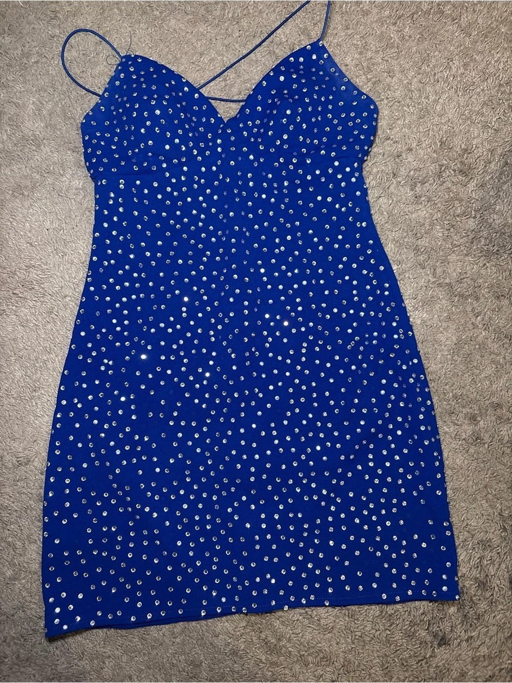 B. Darlin Rhinestone Embellished Strappy Bodycon Mini Dress Blue & Silver Medium